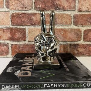 Ceramic Peace Sign Hand Sculpture Figurine Metallic Silver Tone BOHO Decor